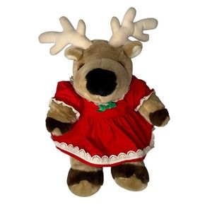 Vintage Stuffed Plush Girl Christmas Reindeer w/ Red Velvet Dress Eyelashes 23”